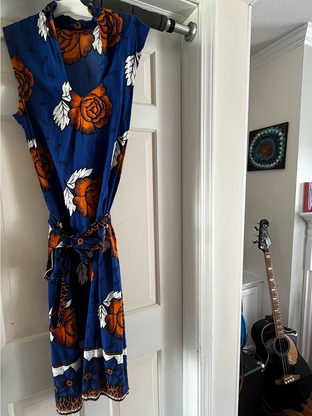 Maasai Navy Blue African Floral Sleeveless Belted Dress